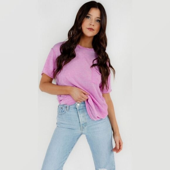 FREE PEOPLE Vella Burnout T-Shirt Weathered Rolled Raw Hem Top Pink Plum M NWT - Picture 1 of 12